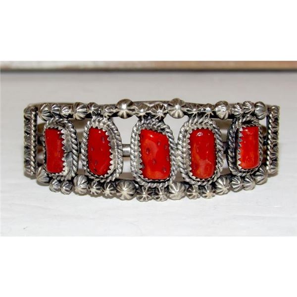 Vintage Navajo Mediterranean Coral Cuff Cluster Bracelet Sterling Silver