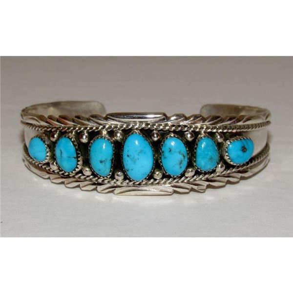 Navajo Kingman Turquoise Cluster Cuff Bracelet A. Chapo Sterling Silver