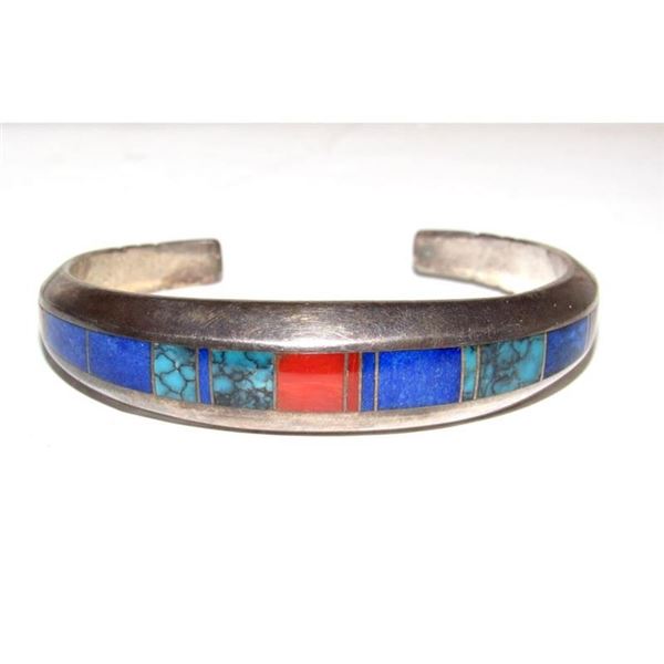 Navajo Sterling Silver Carinated Bracelet Coral Lapis & Turquoise by Ray Tracey