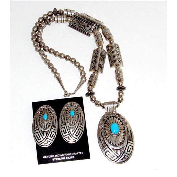 Navajo Pearls Necklace & Earrings Set Sterling Silver Barrel & Saucer Beads RE Wiley
