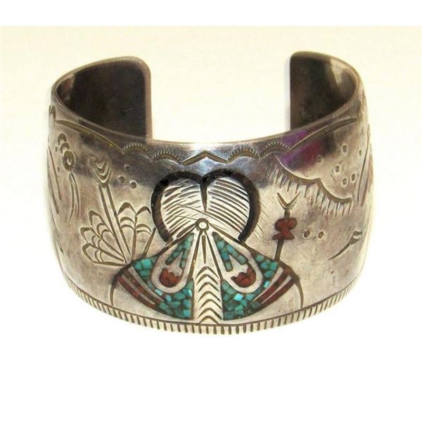Old Pawn Navajo Gibson Gene Cuff Bracelet Sterling Silver Turquoise Coral