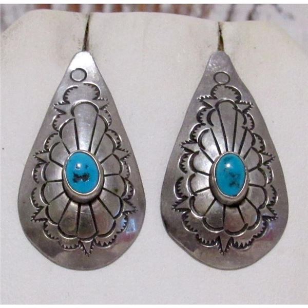 Navajo Turquoise Concho Post Earrings Sterling Silver Ingot Vintage
