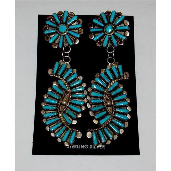 Zuni Petit Point Turquoise Dangle Earrings Sterling V. Byjoe Vintage
