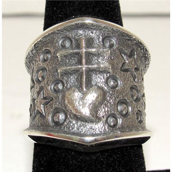 Navajo Kevin Yazzie Pueblo Cross Ring Size 8 Sand Cast Tufa Cast Sterling Silver
