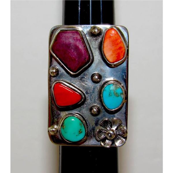 Navajo Orange Red Purple Spiny Cluster Ring Turquoise Sz 8 Sterling Silver
