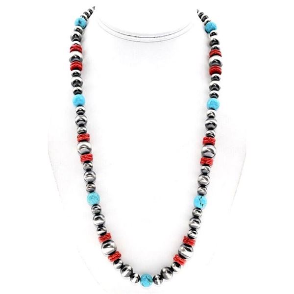 Navajo Pearls Necklace Sterling Silver Turquoise Coral Beads Accents 25"L
