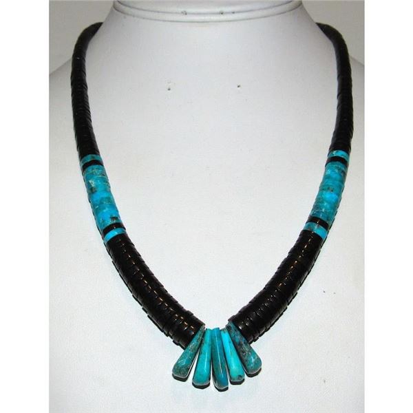 Santo Domingo Kingman Black Onyx Heishi Necklace Lupe Lovato