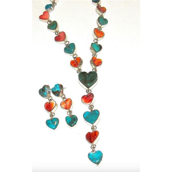 Navajo Turquoise Spiny Heart Lariat Necklace Earrings Set Sterling Silver