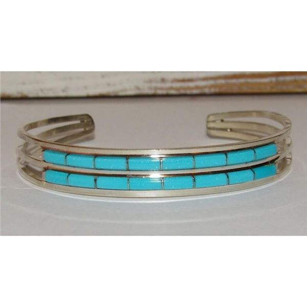 Zuni Turquoise Inlay Stacker Cuff Bracelet Sterling A. Wallace