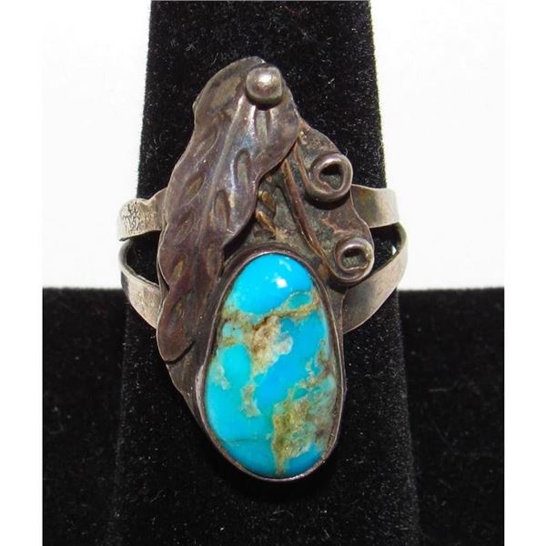 Old Pawn Navajo Turquoise Squash Blossom Ring Size 8 Sterling Silver