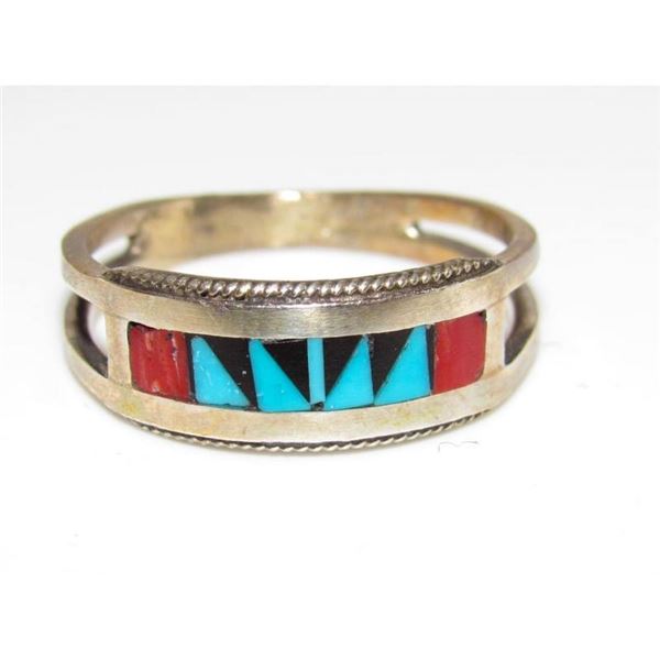 Vintage Zuni Coral Turquoise Inlay Band Ring Size 8 Sterling Silver