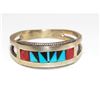 Image 1 : Vintage Zuni Coral Turquoise Inlay Band Ring Size 8 Sterling Silver