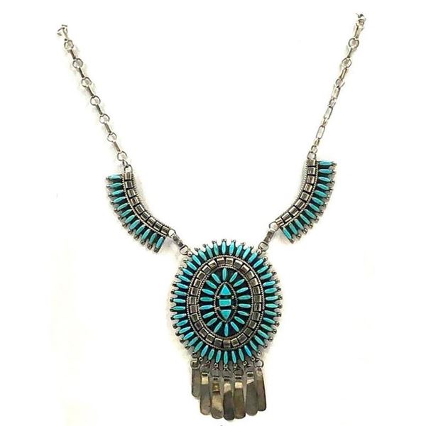 Old Pawn Zuni Turquoise Petit Point Cluster Necklace Sterling Silver Signed
