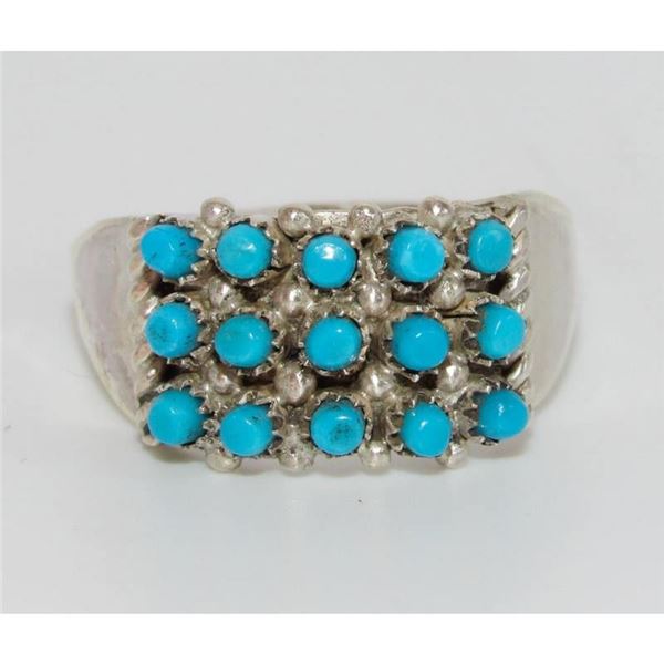 Zuni Snake Eye Turquoise Cluster Ring Size 8.5 Sterling Silver S. Haloo