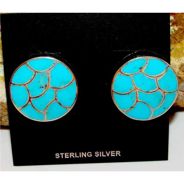 Zuni Turquoise Fish Scale Inlay Post Earrings Sterling K. Seoutewa