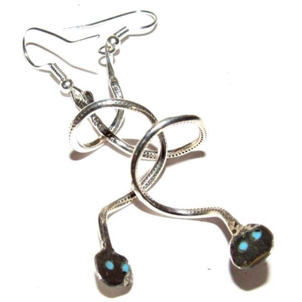 Zuni Snake Dangle Earrings Effie Calavaza Sleeping Beauty Turquoise Sterling