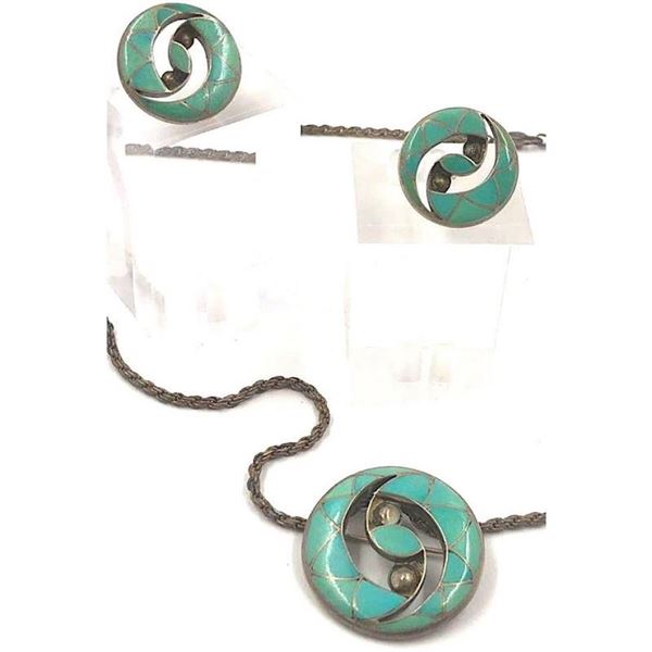 Old Pawn Zuni Turquoise Inlay Pin Brooch & Earrings Set V, Vacit