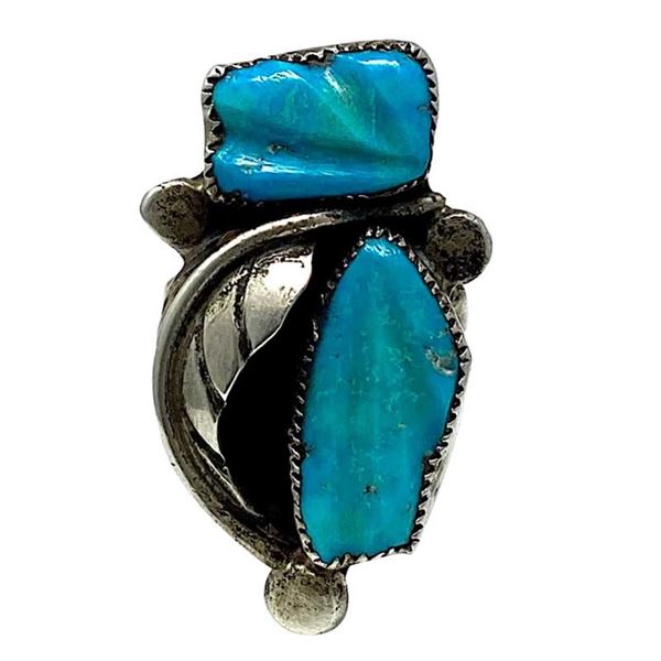 VTG Zuni Turquoise Carvel Leaf l Ring Sz 7 Sterling Silver Signed