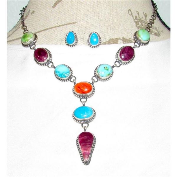 Navajo Turquoise Spiny Oyster Lariat Necklace Earrings Sterling Silver D. Begay