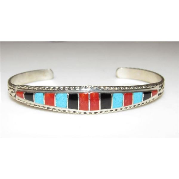 Zuni Inlay Turquoise Coral Bracelet Sterling Native American D. Luna