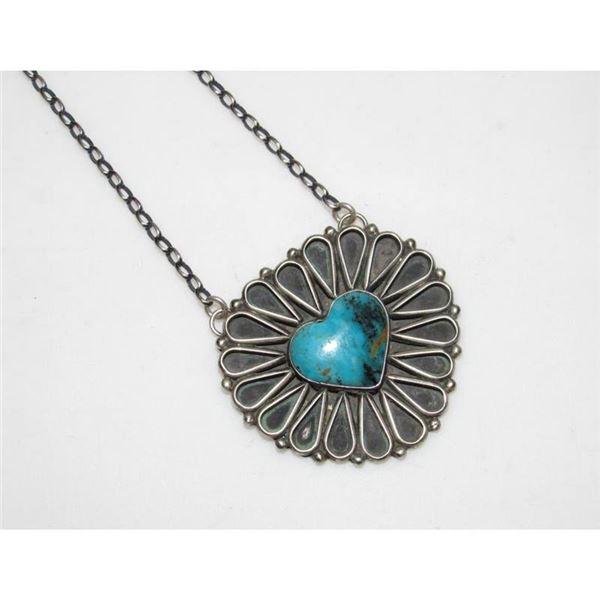 Navajo Kingman Turquoise Heart Bar Necklace Sterling Silver Native G. James