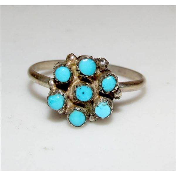 VTG Zuni Snake Eye Turquoise Cluster Ring Size 7 Sterling Silver