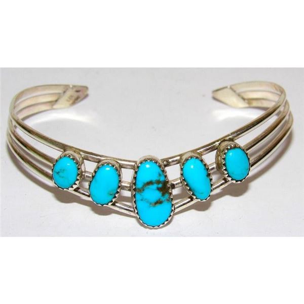 Navajo Kingman Turquoise Bracelet Sterling Silver Cuff V-Shaped Design
