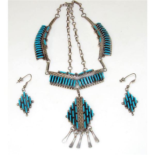 VTG Zuni Turquoise & Sterling Silver Dangle Necklace and Earrings Set