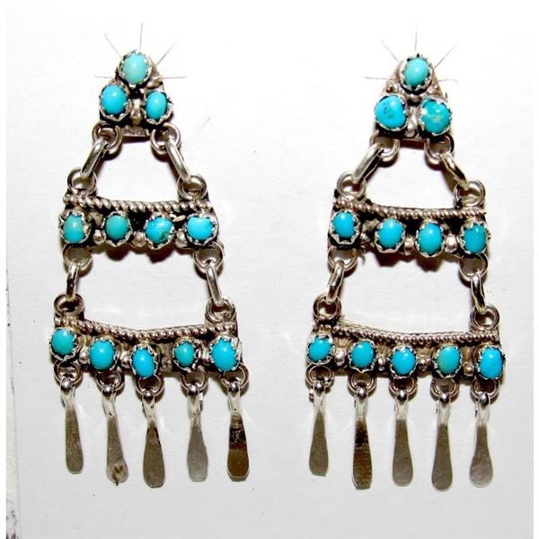 Zuni Turquoise Dangle Earrings Sterling Silver Milburn Dishta Native American
