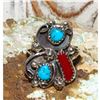 Image 2 : Navajo Kingman Turquoise Coral Ring Sz 8 Sterling Native American Signed