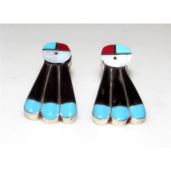 Zuni Inlay Sunface Post Earrings Turquoise Jet Sterling Silver
