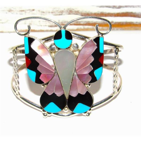 Massive Zuni Inlay Butterfly Cuff Bracelet Sterling Silver Alison Dishta