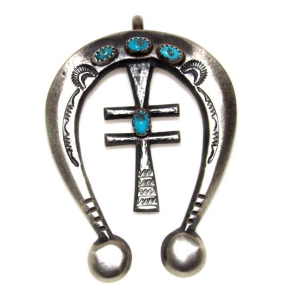Navajo Sterling Pueblo Cross Turquoise Naja Pendant By Victor Cayatineto