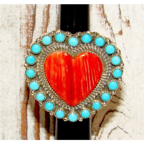 Massive Navajo Cluster Heart Ring Red Spiny & Turquoise Sterling Size 8 Adjustable