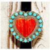 Image 1 : Massive Navajo Cluster Heart Ring Red Spiny & Turquoise Sterling Size 8 Adjustable