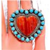 Image 2 : Massive Navajo Cluster Heart Ring Red Spiny & Turquoise Sterling Size 8 Adjustable