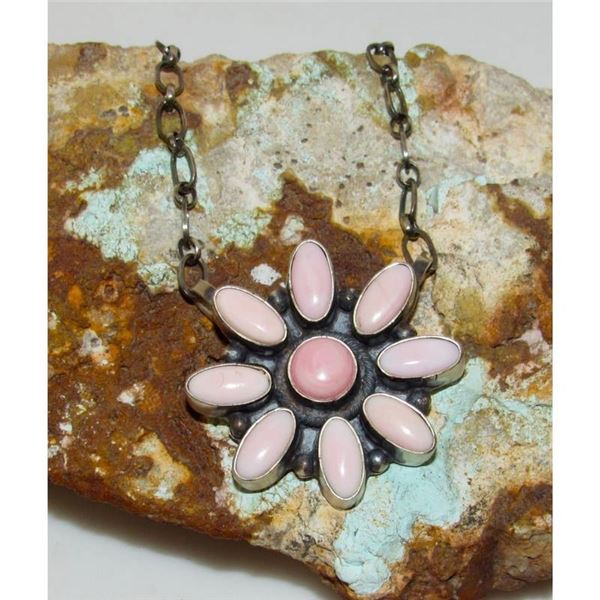 Navajo Pink Conch Cluster Bar Necklace Sterling Silver B. Lee