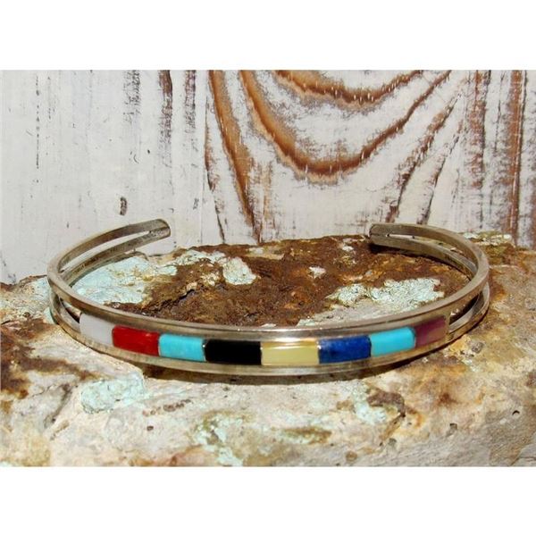 Zuni Turquoise Coral Inlay Stacker Cuff Bracelet Sterling A. Wallace