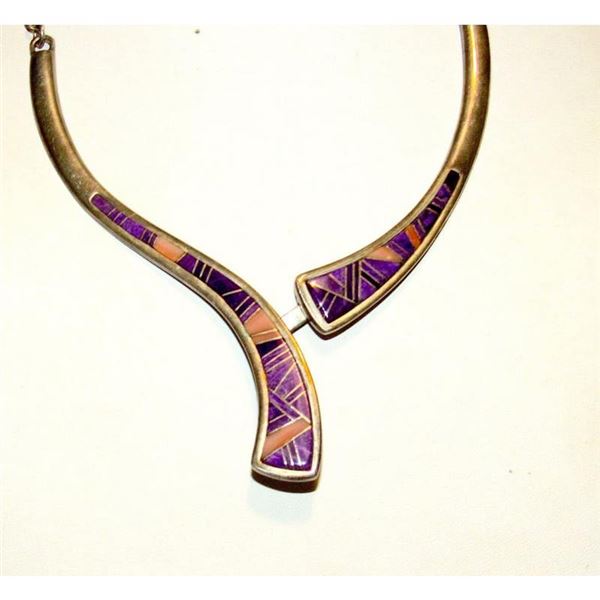 Navajo Sugilite Inlay Link Necklace Sterling Silver Calvin Begay