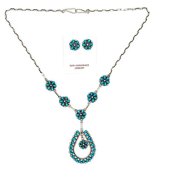 Zuni Turquoise Cluster Necklace Earrings Set Sterling Silver Sleeping Beauty
