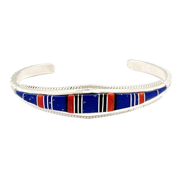Zuni Inlay Lapis Coral Bracelet Sterling Native American D. Luna