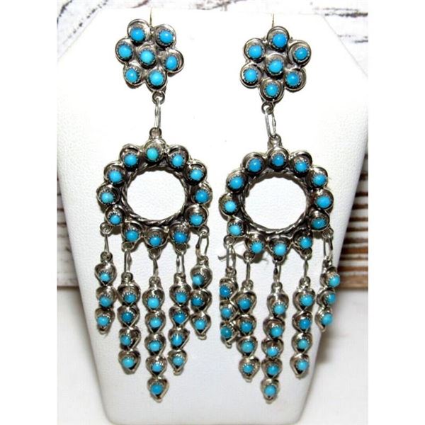 Zuni Needlepoint Turquoise Dangle Statement Earrings Sterling Silver 3"