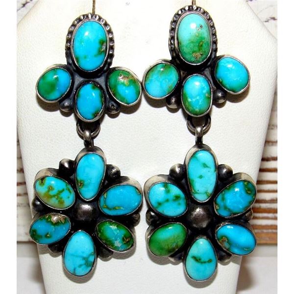Navajo Sonoran Gold Turquoise Cluster Dangle Statement Earrings Sterling Silver