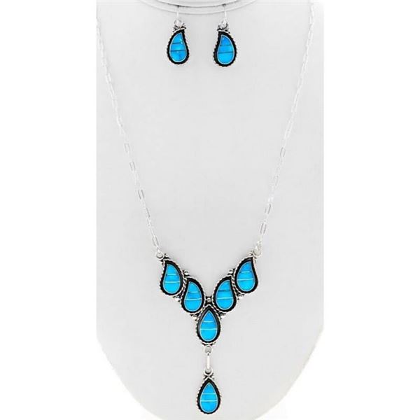Zuni Turquoise Inlay Necklace and Earrings Set Sterling Silver F Lowsayatee
