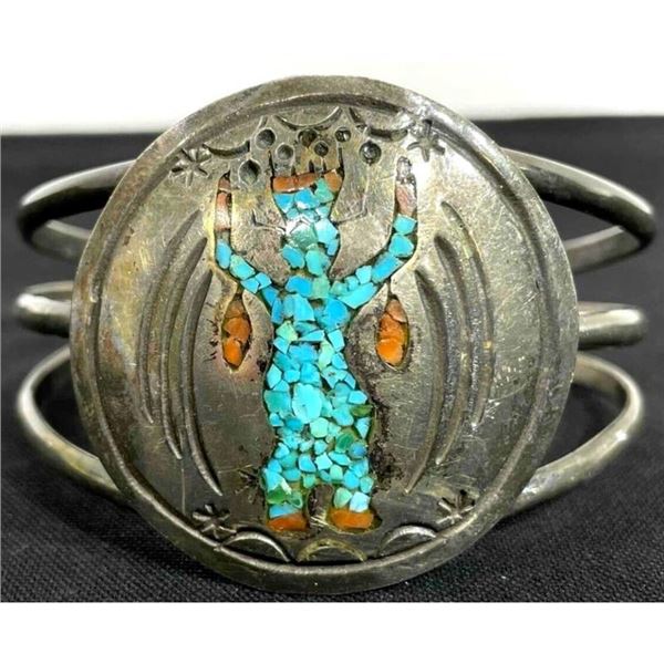 Vintage Navajo Turquoise Coral Kachina Bracelet Sterling Silver Cuff