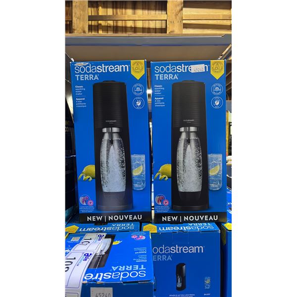 SODA STREAM DISPENSER WITH 2 EXCHANGE CO2 CYLINDERS. 1 INSTALLED. TESTED