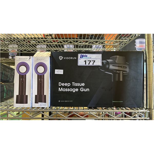 VIGORUN MASSAGE GUN & (2) ZERQ 9 RECHARGEABLE PORTABLE FANS