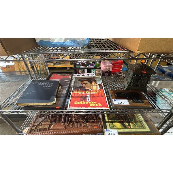 SHELF OF ASSORTED WALL ART, METAL CANDLE LANTERN & VINTAGE POSTAGE STAMP ALBUM