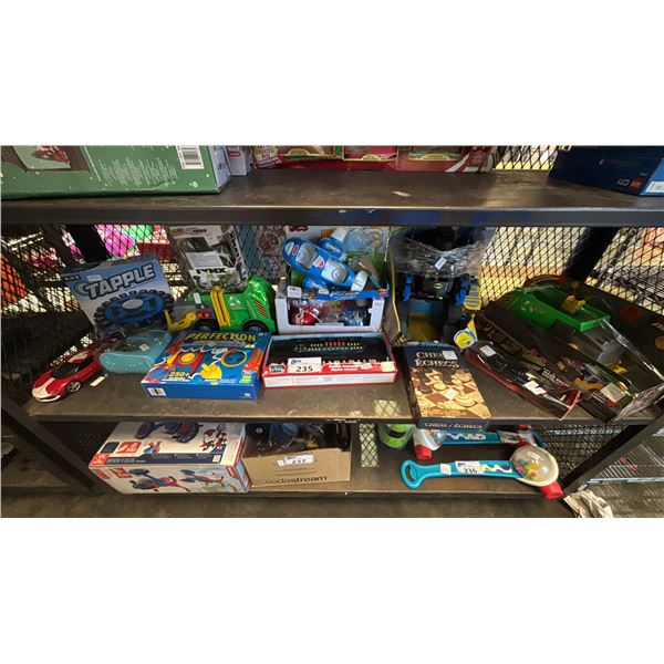 SHELF OF ASSORTED TOYS & GAMES: CHESS, MUSICAL KEYBOARD, PERFECTION, TOPPLE & MORE