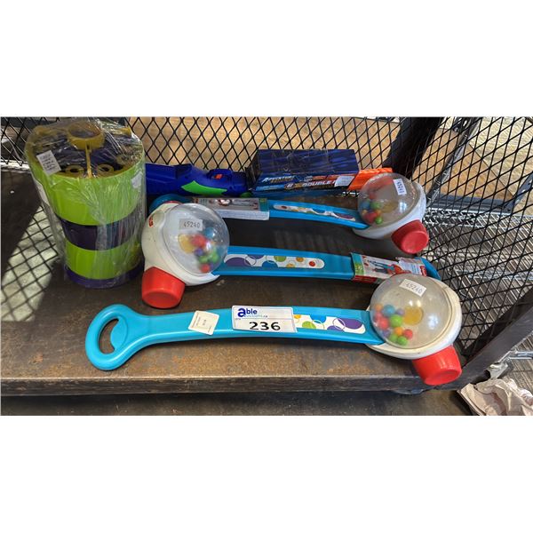 BUBBLE MACHINE, CORN POPPER PUSH TOYS & DOUBLE BARREL DART BLASTER - *WORKING CONDITION